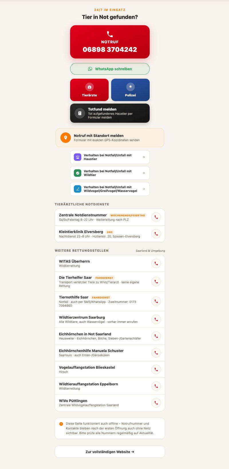 Tiernotruf Saarland Progressive Web App Startbildschirm