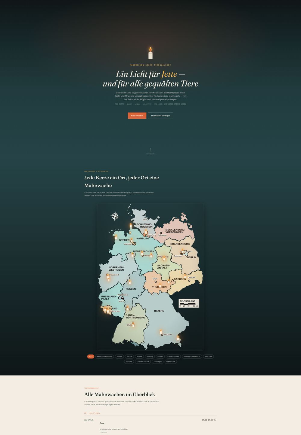 Mahnwachen gegen Tierquälerei — interaktive Deutschlandkarte